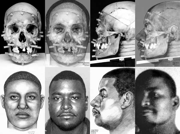 Eight part image showing two male subjects photos, forensic sketches, skulls with markers, and composites of skull overlayed with the sketch